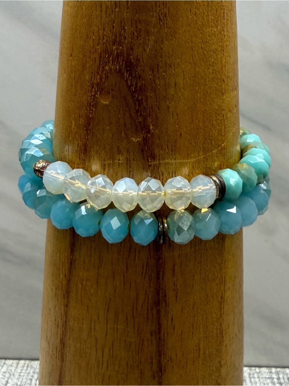 Faceted Aqua and Opal Bead Stretch Bracelet